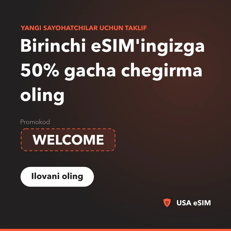 USA eSIM Promokodi — WELCOME: 50% gacha chegirma
